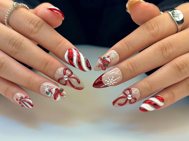 Christmas Candy Cane Press On Nails by DoryNails Red Chrome Bow & Snowflake Nail Art Holiday Party Nails Gift for Her