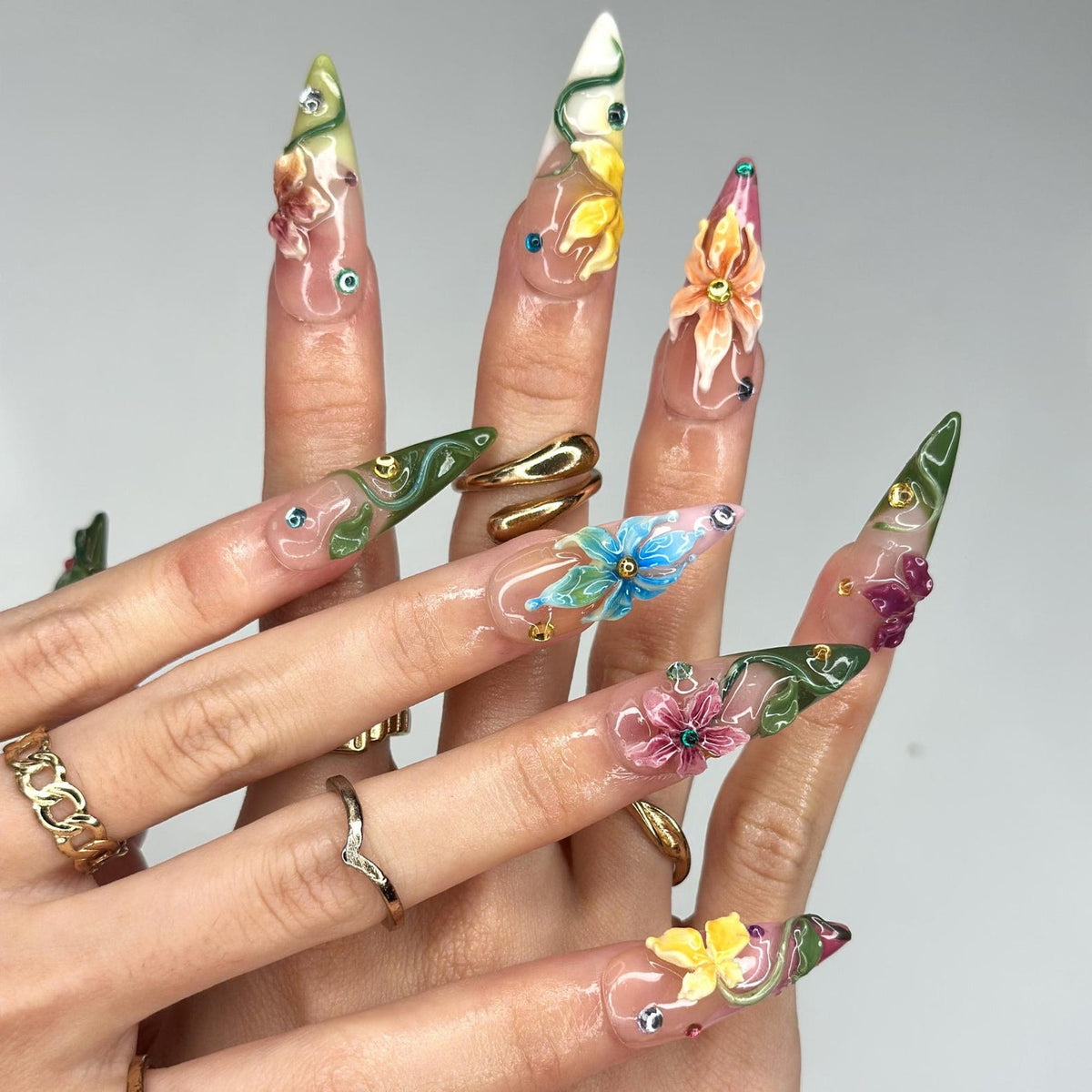 3D Tropical Flower Fairy Press On Nails, Colorful Floral & Green Vine Art, Whimsical