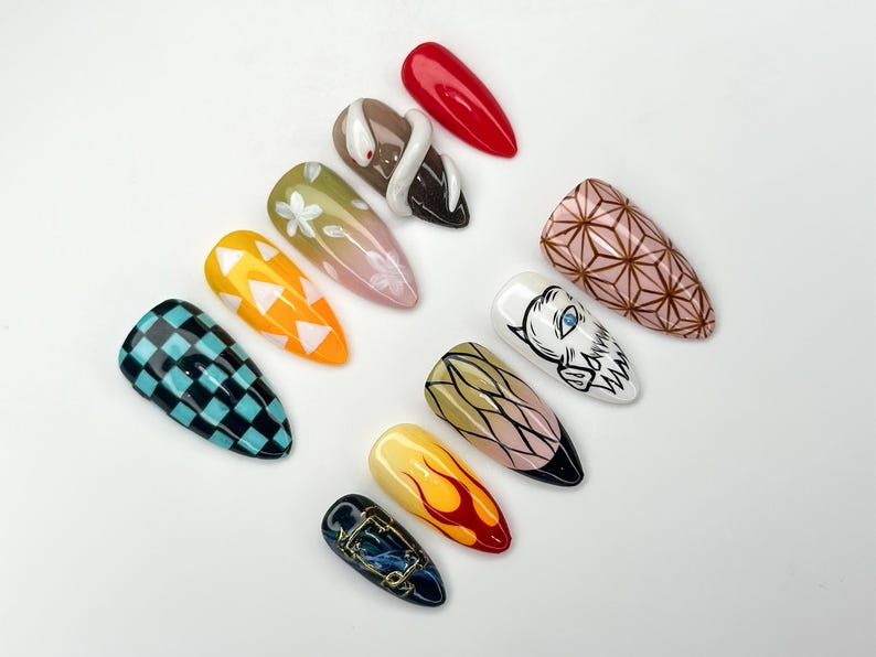Demon Slayer Anime Press On Nails Cosplay Character Nail Art Flame Snake Nail Set Caro Geometric Press Ons