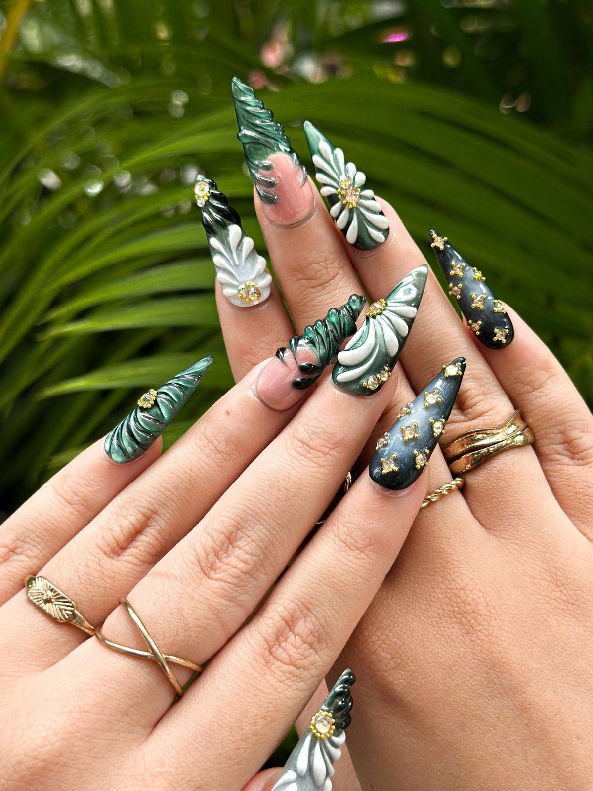 Green Black Press On Nails with 3D Floral and Gold Detail, Elegant Botanical Nails in