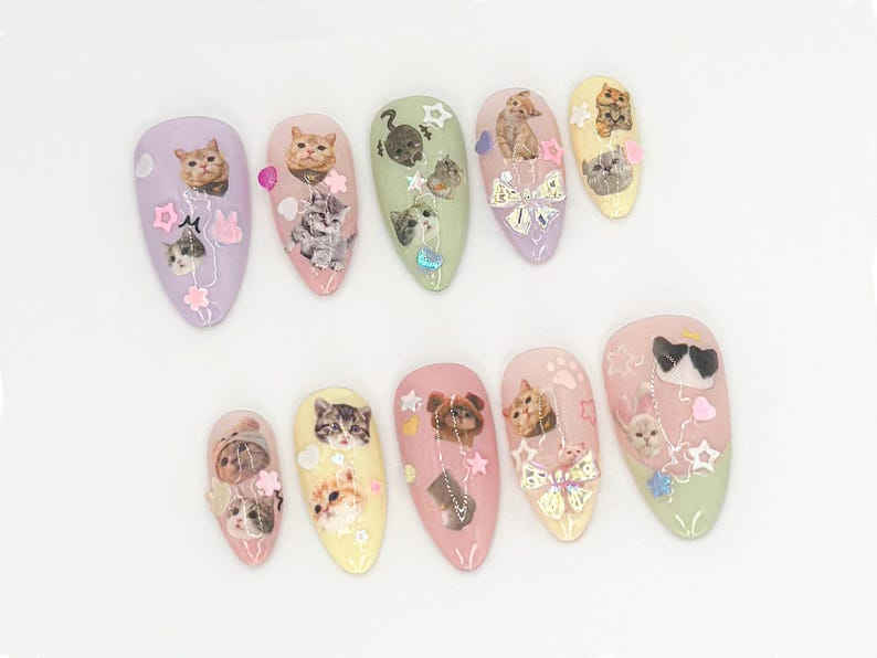 Cute Kitty and Bow Press-On Nail Set Perfect for Pet Lovers Kawaii Cat-Themed Press On Nails for Cute Style| Handmade DesignOB644LK