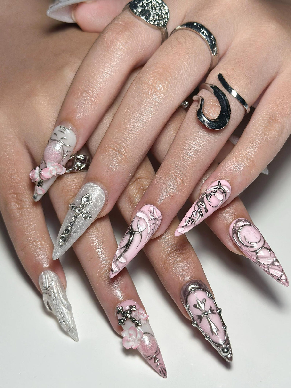 3D Pink Gothic Cyber Nails, Silver Chrome Cross Press Ons, Ethereal Grunge Liquid Metal