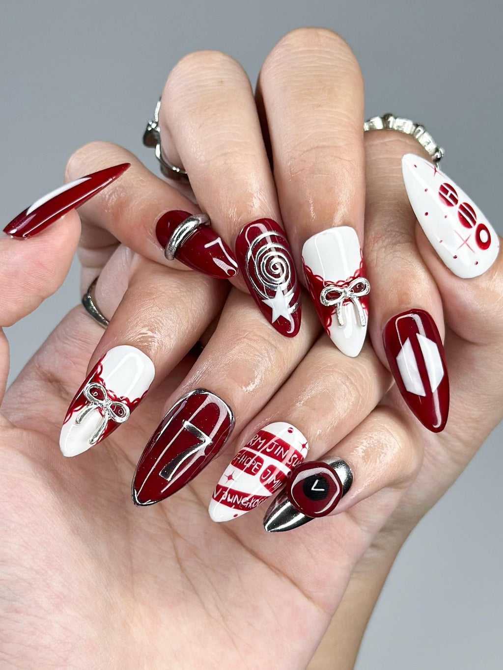 Kpop Inspired Cupid Voyage Nails, 7 Spirit Arirang Love Muse Press Ons, Red White Silver