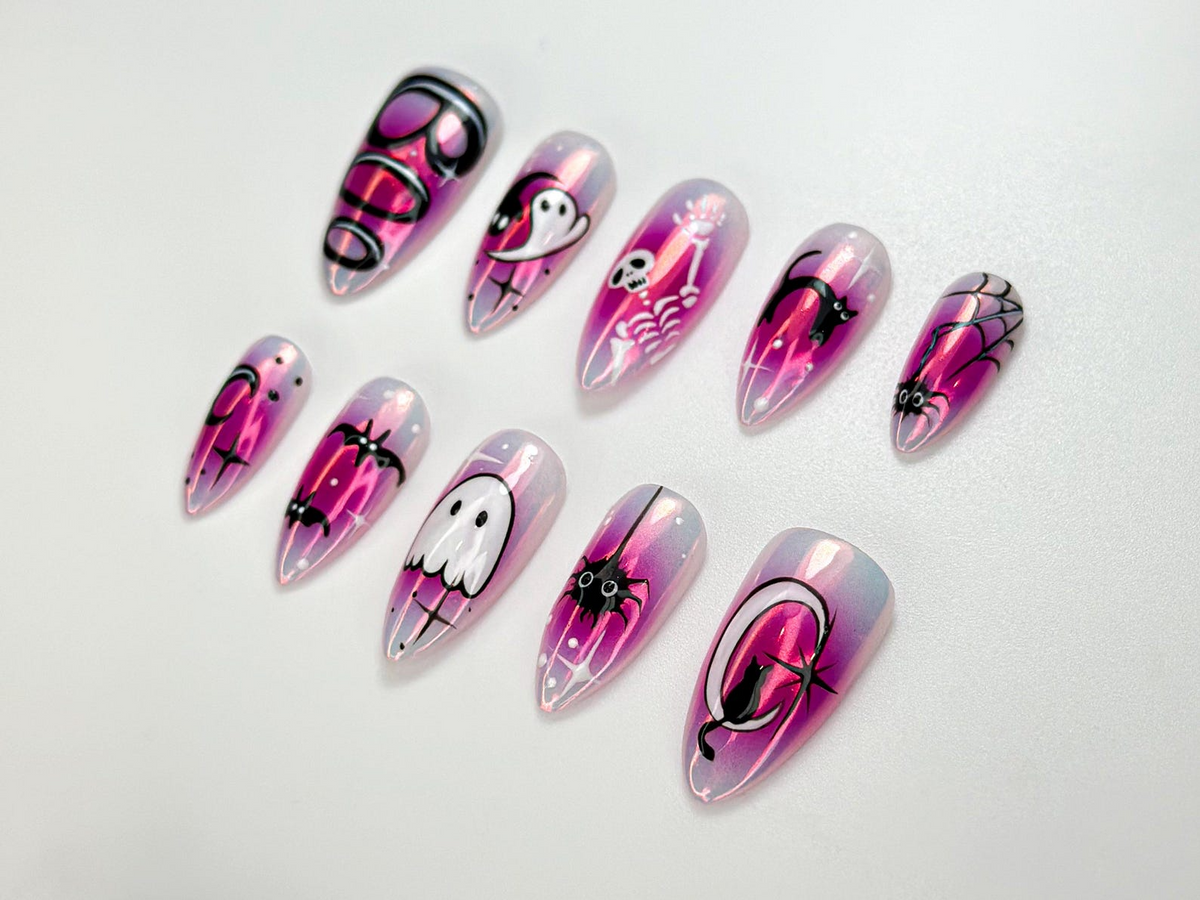 Cute Halloween Glow Press On Nails Pink Spooky Ghost Nail Art Glow in Dark Cat & Bat Nails Adorable Halloween Press Ons