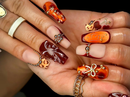 Fall Orange Leopard Press On Nails Autumn Handmade Luxury Set 3D Bow & Butterfly Nail Art Fall Statement Design