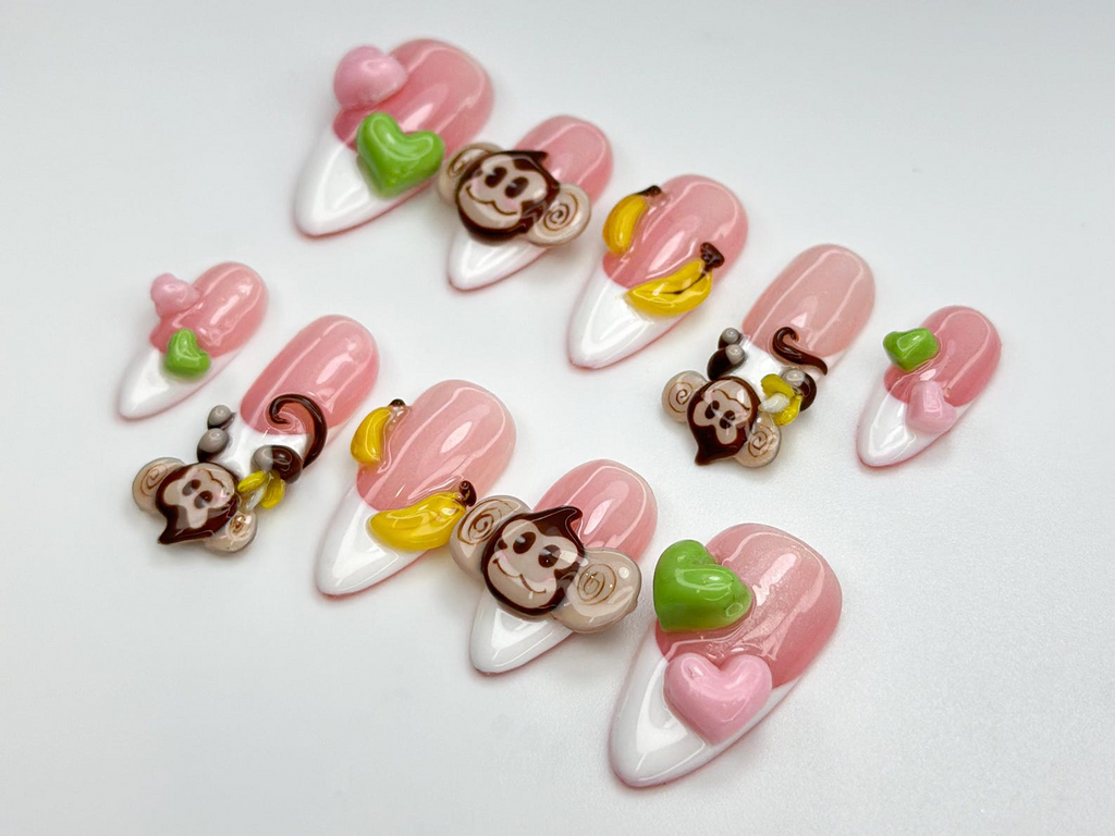 Cute Monkey Pink Cute Press On Nails Cute 3D Banana Monkey Nails Pink & Green Heart Nails Kawaii Jungle Vibe Cartoon Nails OB811HC