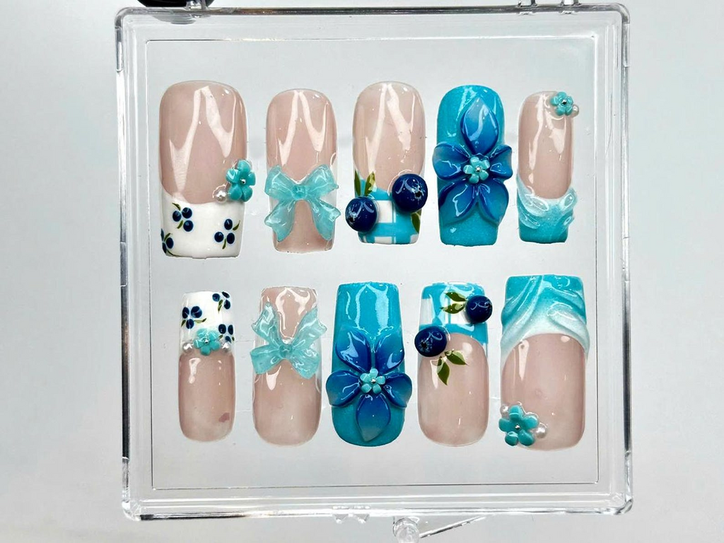 3D Blue Flower Press on Nails Elegant Blue Floral Nail Art Handmade Summer Nails Gift for her Summer Vibes Beach nails
