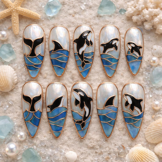 Ocean Press On Nails Summer, Shark and Orca Nail Art Handmade Marine Life Nails Coastal