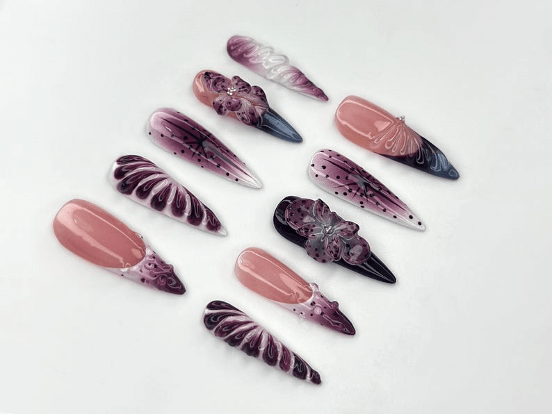 Elegant Purple Bloom Press On Nails 3D Floral Ombre Nail Art Nude Pink Handmade Nails Luxury Artistic Long Set