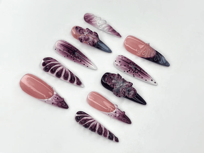 Elegant Purple Bloom Press On Nails 3D Floral Ombre Nail Art Nude Pink Handmade Nails Luxury Artistic Long Set