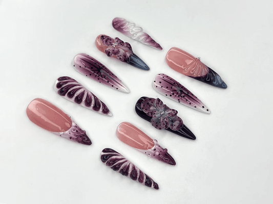 Elegant Purple Bloom Press On Nails 3D Floral Ombre Nail Art Nude Pink Handmade Nails Luxury Artistic Long Set