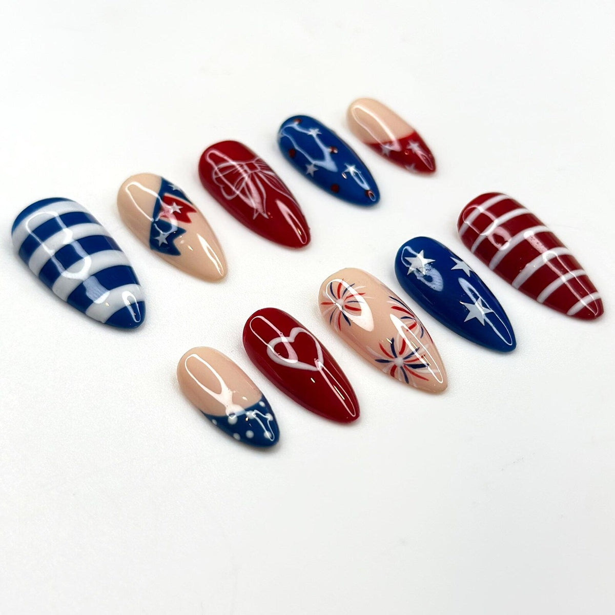 4th of July Press On Nails, Handpainted Patriotic USA Flag Almond Nails