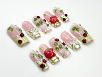 Handmade Picnic Theme Press On Nails 3D Flower & Ladybug Nails Cottagecore Nail Set Pink Green Nature Nails Handmade Nails OB859H
