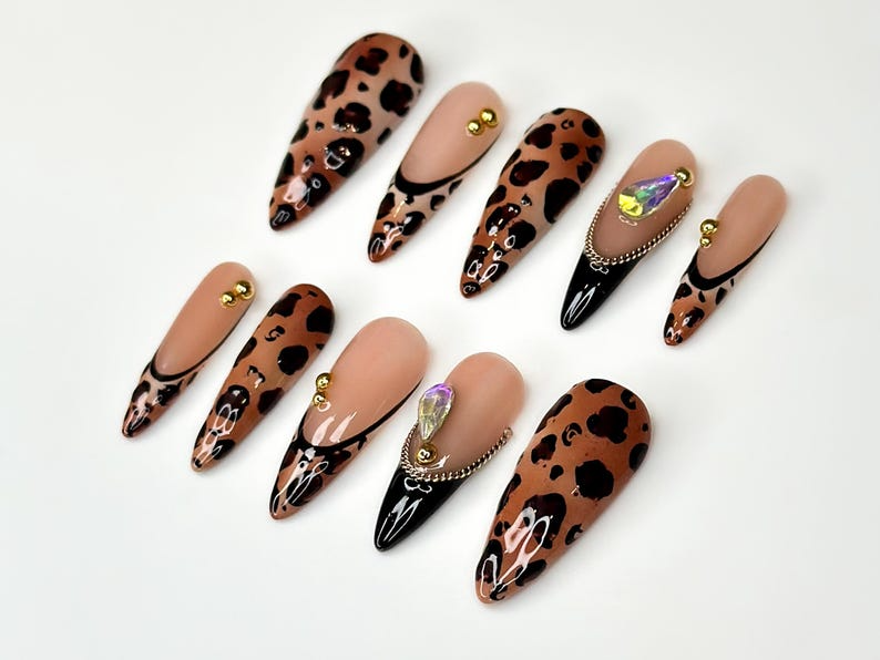 Leopard Fall Press On Nails Animal Print Nail Art Glam Rhinestone & Chain Nails Handmade Long Stiletto NailsAutumn Press Ons