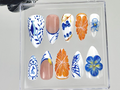 Porcelain Blue Floral Press On Nails Oriental Ceramic Fake Nails Orange Blossom Nail Art Butterfly Citrus Nails Luxury Nails|OB903YK