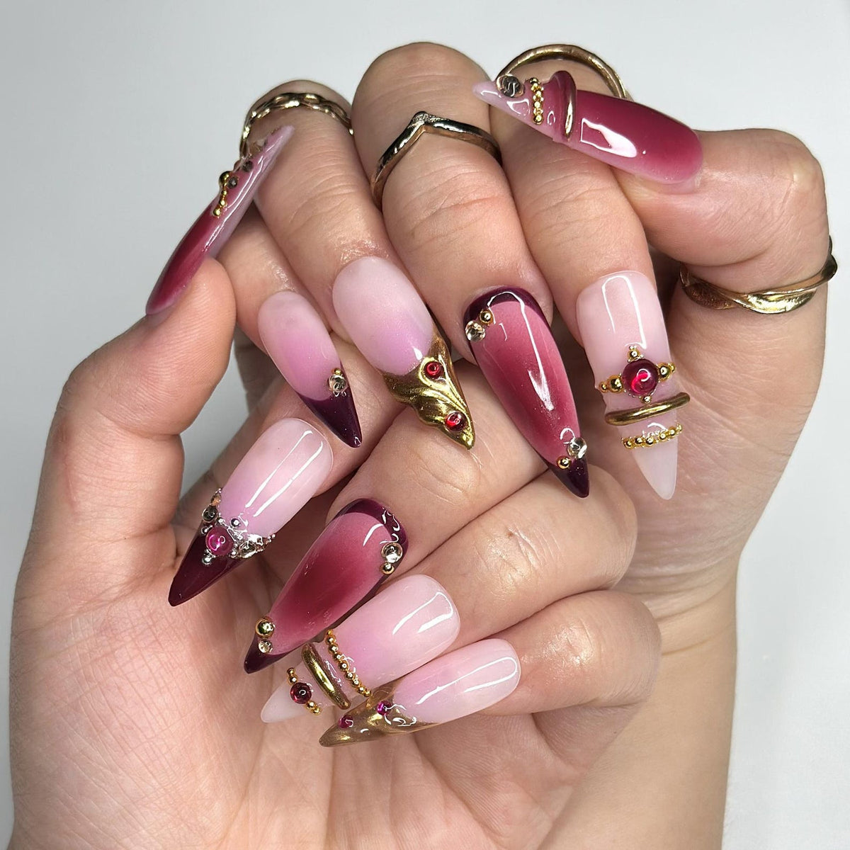 3D Gold Luxury Wine Red Press On Nails, Jelly Burgundy Ombre, Y2K Metallic Chrome Art