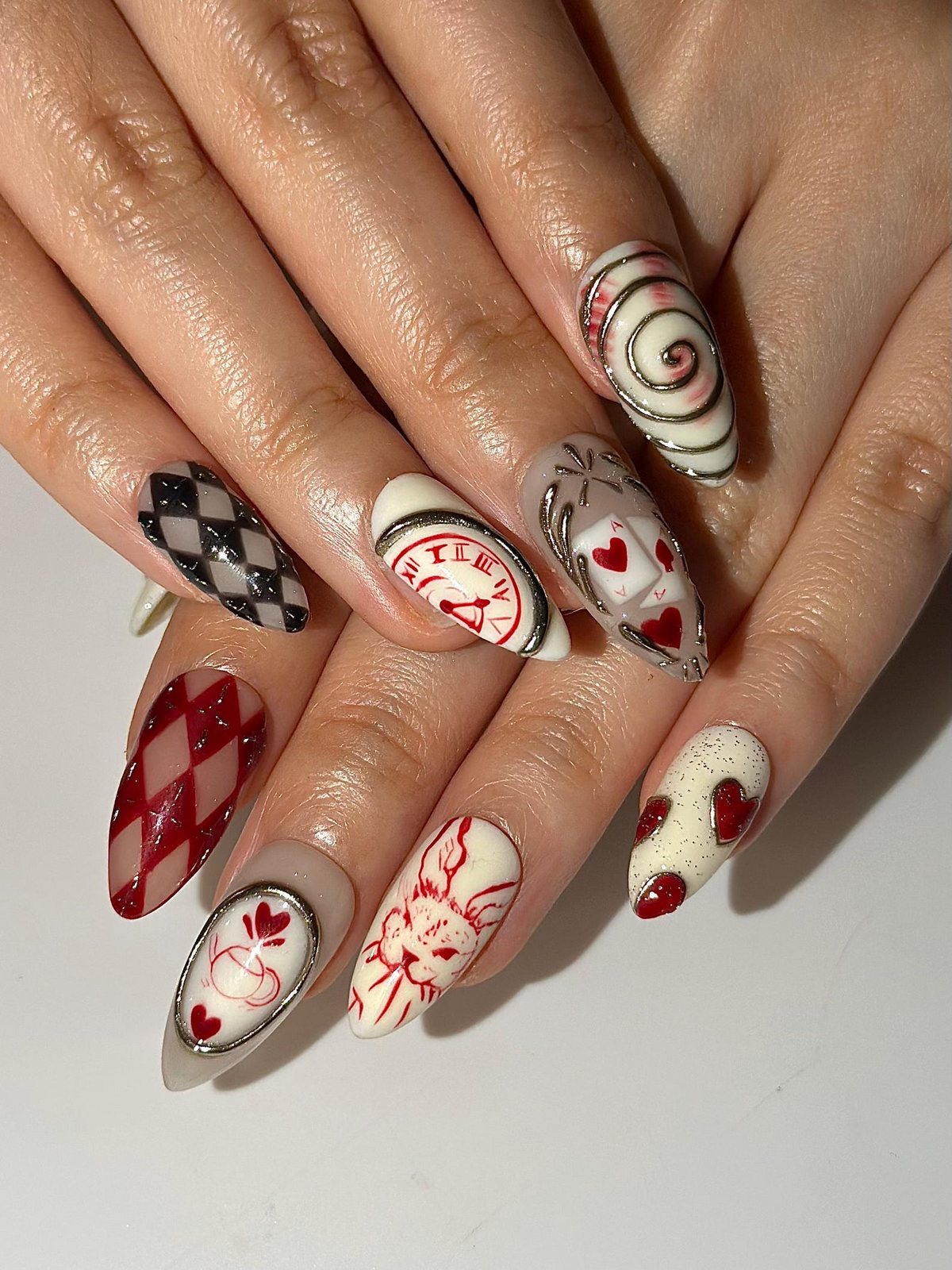 Alice Wonderland Easter Press On Nails Playing Card Heart Nails Red White Nails Fantasy
