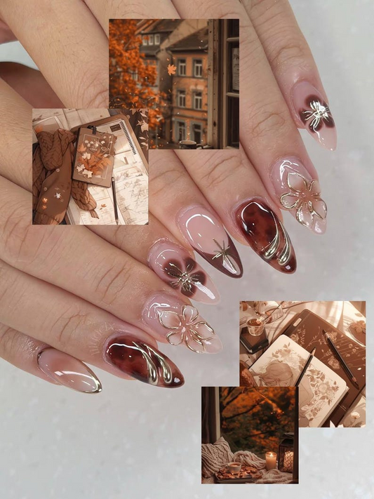 Autumn Tortoiseshell Blossom Press On Nails Brown Nude Gradient Nail Art 3D Floral & Metallic Accents Elegant Long Nail Set