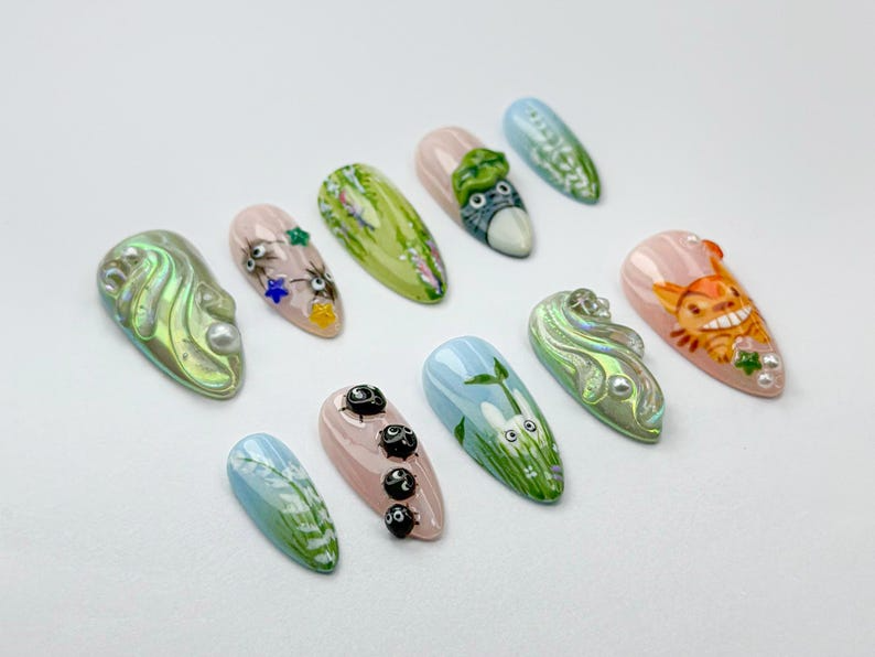 Whimsical Totoro Press On Nails Ghibli Totoro & Friends Nail Set Forest Spirit And Soot Sprite Set Handmade Totoro Nail Art