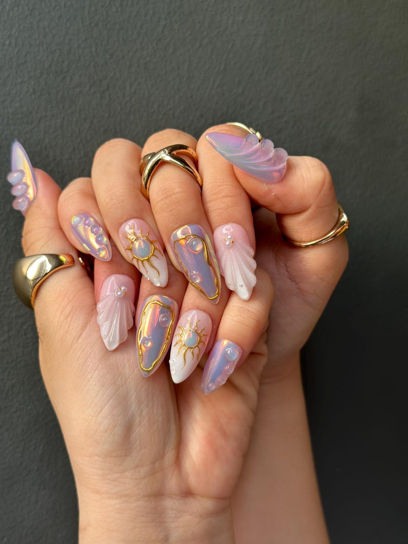Iridescent Sunshine Press On Nails Golden Sun Nail Art Sunshine & Waves with Gold Accents Handmade Unique Nail Set