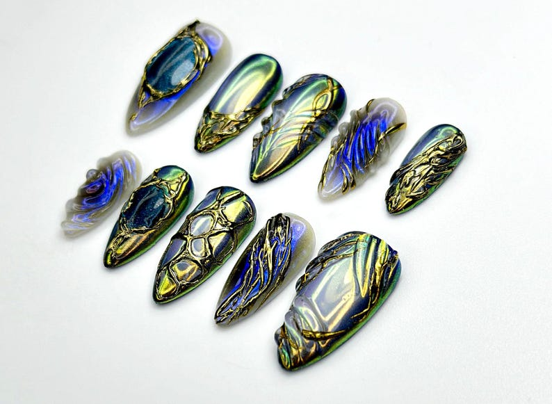Midnight Armor Press On Nails Metallic Dragon Scale Nail Art 3D Fantasy Sculpture Nails Gothic Iridescent Tips