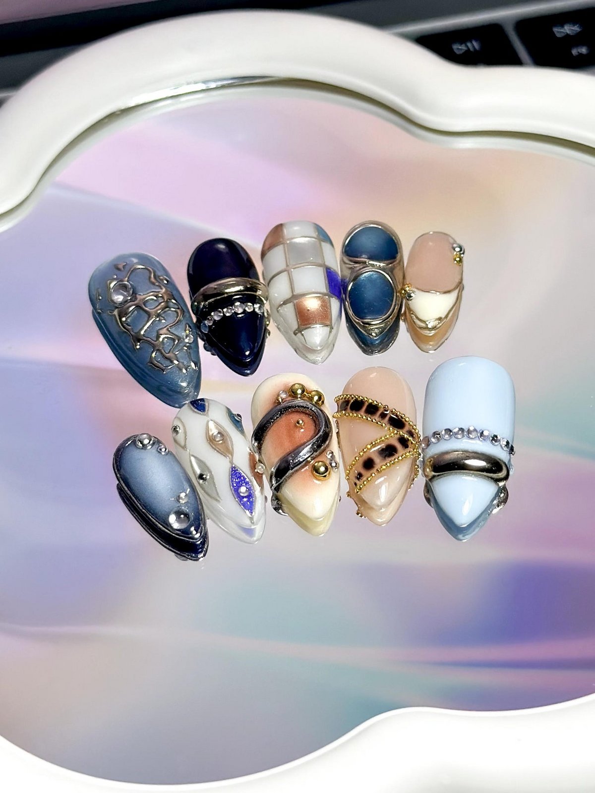 Luxury Blue Silver Press On Nails Nude Gilded Ring Nail Art Nude & Steel Statement Nails