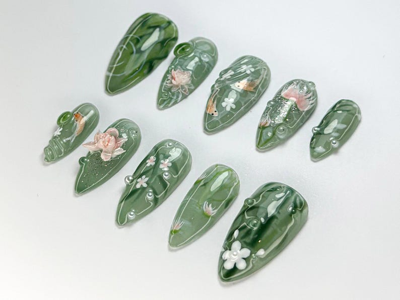 Green Forest Koi Press-On Nails Handmade Koi Fish Nail Set Green Floral & Marble Press-Ons Glossy Press-On Nail Set OB723HK