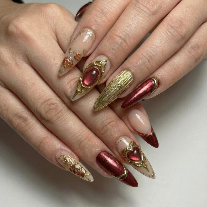 Press On Nails Adhesive Tabs – Nude Burgundy Gold Heart & Rose Chrome Long Stiletto
