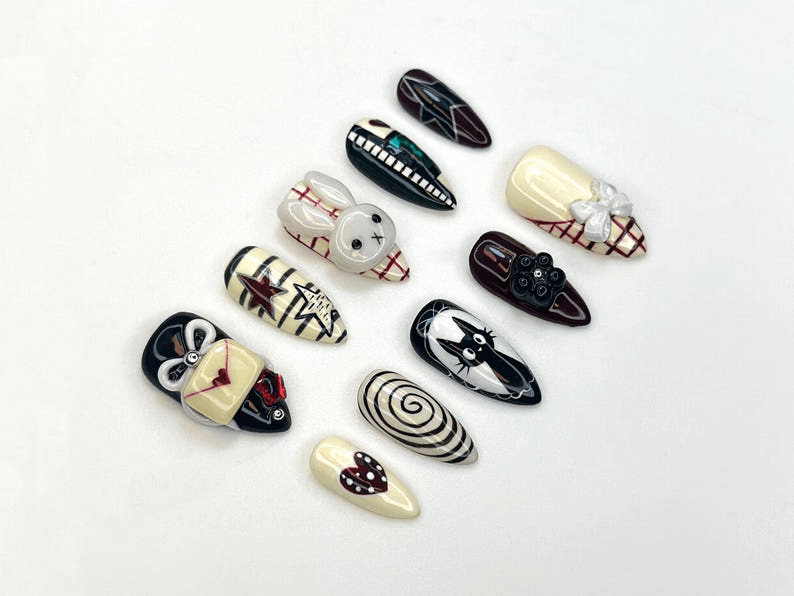 Creepy Cute Press On Nails Gothic Mask And Bunny Nail Art 3D Bow & Spiral Nails Handmade Halloween Nail Set