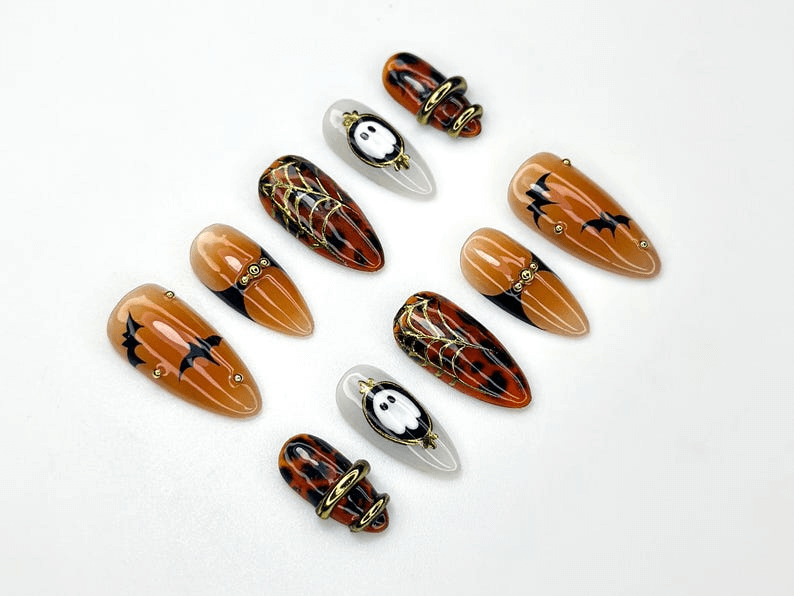 Halloween Bat Ghost Press On Nails, Spooky Spider Web Nail Art, Orange Black Fall Nails