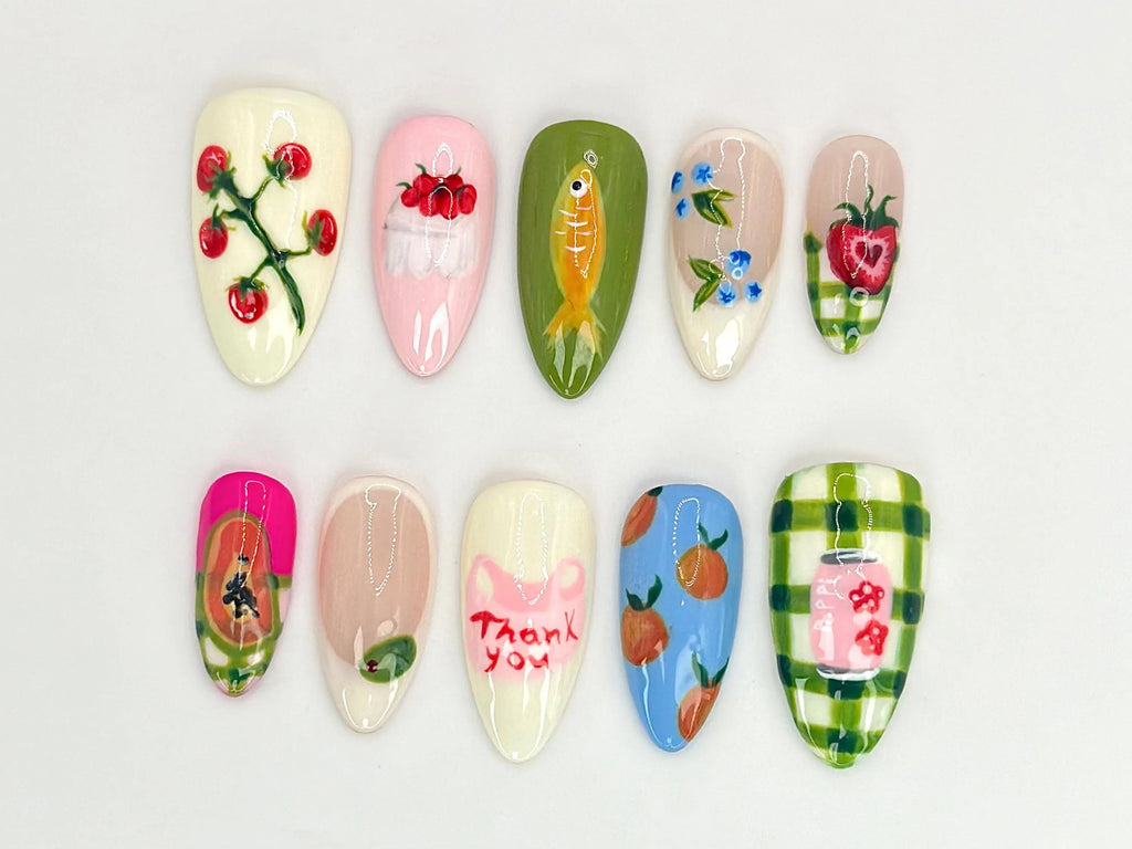 Fruit Garden Custom Press On Nails Hand-Painted Watermelon, Strawberry & Citrus Nail Art OB525LC