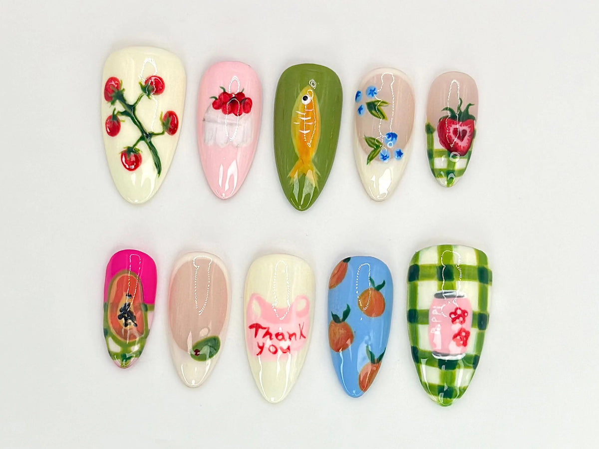 Fruit Garden Custom Press On Nails Hand-Painted Watermelon, Strawberry & Citrus Nail Art OB525LC