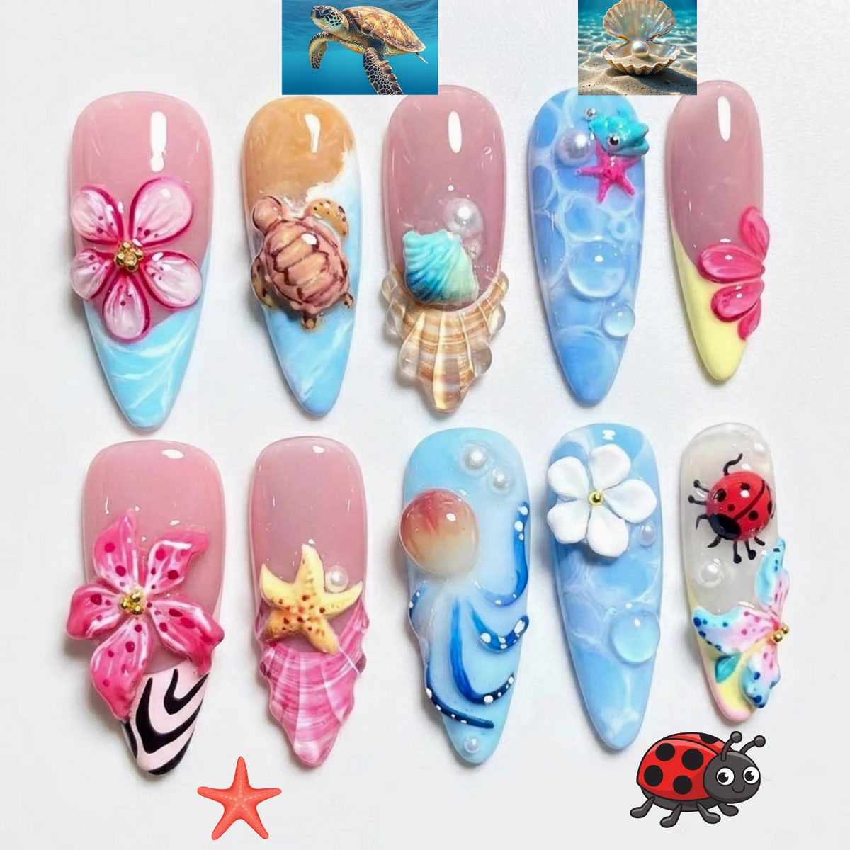 3D Shark Ocean Press On Summer • Blue Sea Animal Nails • Dolphin Whale Shark Nails •