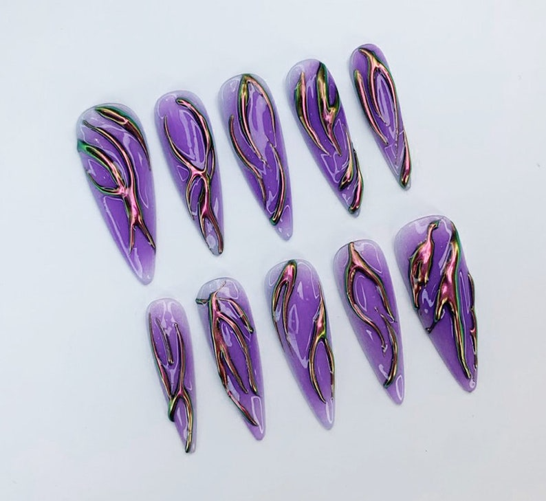 Purple Chrome Flame Press-On Nails Long Stiletto Shape Halloween Party NailsCustom Hand-Painted Nails Gothic Nail ArtNails