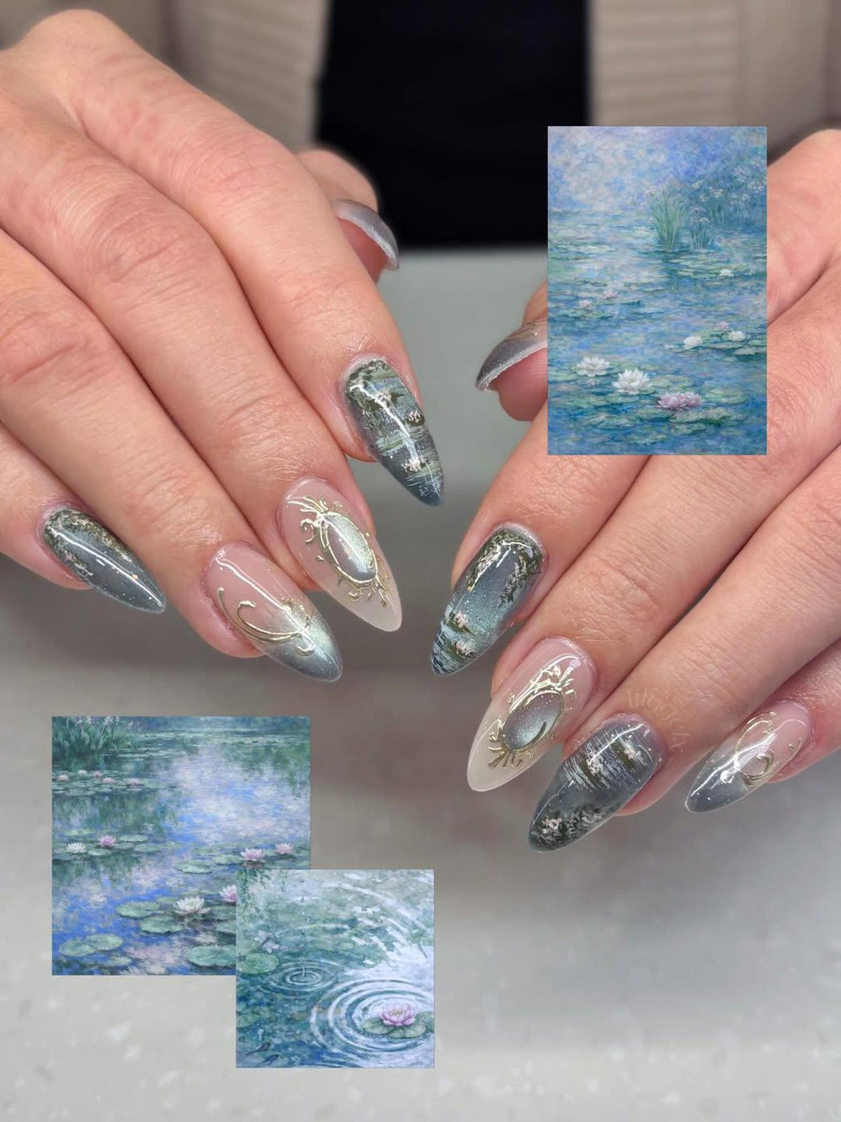 Teal Cat Eye Press On Nails Elegant Vintage Nail Art Ocean Marble Luxury Nails Floral Blue