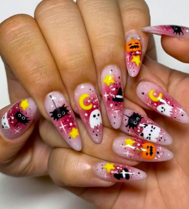 Spooky Kawaii Halloween Press On Nails, Pink Ghost & Pumpkin Nail Art, Cat and Witch Hat