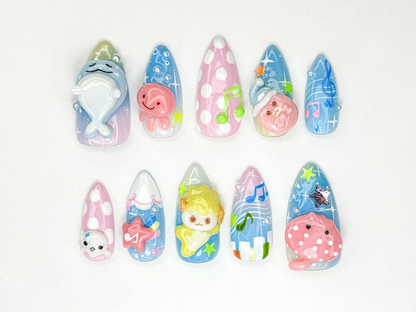 Kawaii Summer Press On Nails 3D Pastel Marine Animals Kawaii Sea Nail Art Cartoon Seal Whale Jellyfish Nails Summer Nails