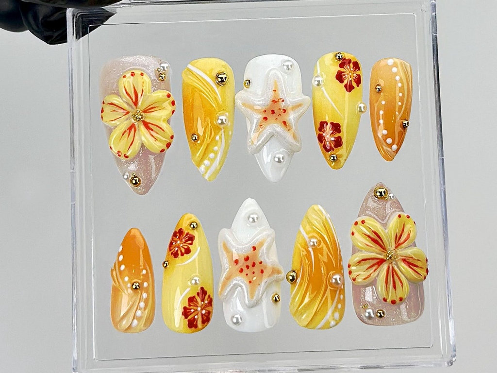 Tropical Summer Press On Nails 3D Flower & Starfish Fake Nails Beach Vibes Nail Art Orange Yellow Floral Press Ons Summer OB881YK