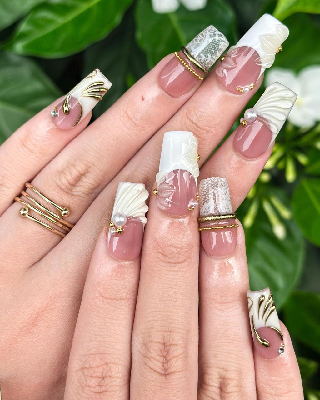 Royal Balletcore Press On Nails, Luxury Pearl Bow Fake Nails, Handpainted Gold French