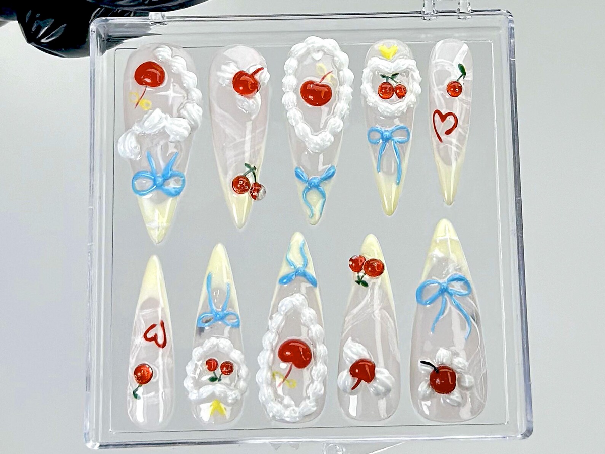 Cherry Whipped Cream Press On Nails Cute Fruit Fake Nails Sweet Cherry Delight Nail Art Fun Summer Nails Kawaii Nails OB906YC