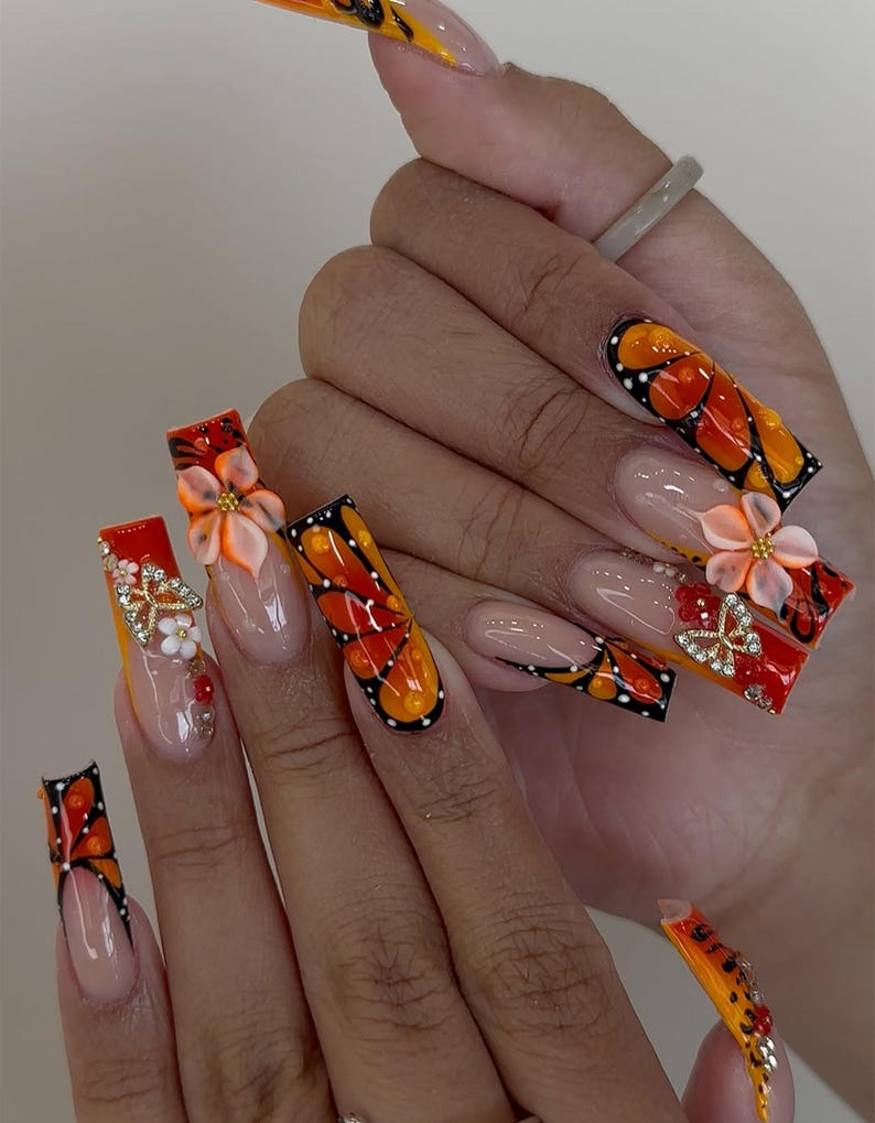 Sunset Flame Floral Press On Nails Orange Butterfly Nails 3D Flower & Star Charms Nail Art Handmade Long Nail Set