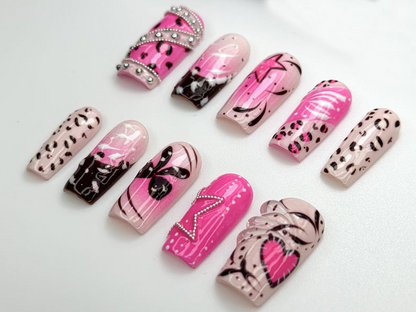 Pink Y2K Leopard Press On Nails Rhinestone Star Design Heart & Animal Print Nails Bold Pink Chrome Nail Art| Trendy Y2K Nails