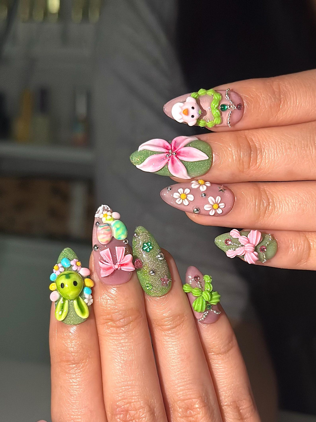 Bunny Garden Press On Nails 3D Easter Rabbit Nails Cute Pastel Floral Nails Kawaii Green