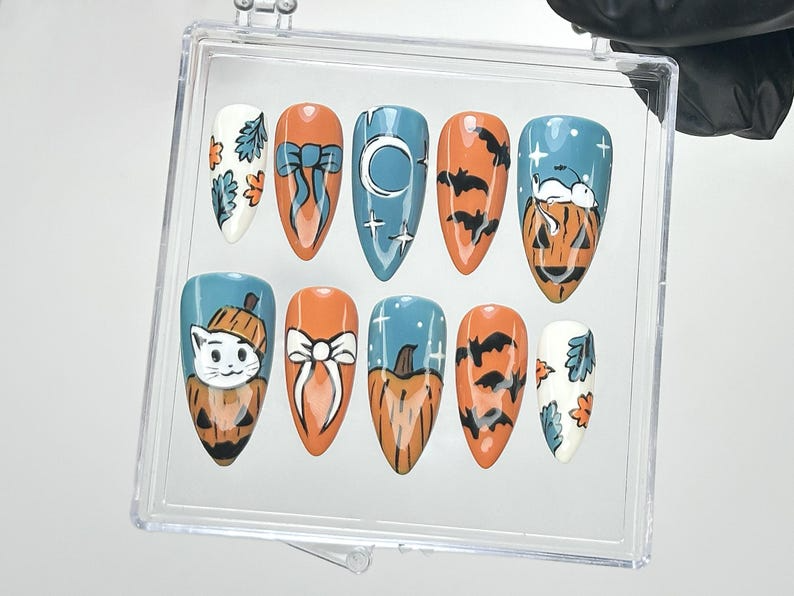 Halloween Cat Press On Nails, Fall Blue Orange Nail Art, Pumpkin & Bat Fake Nails, Pumpkin