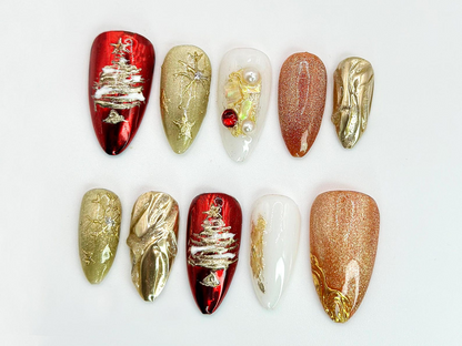 Christmas Tree Press On Nails Red & Gold Holiday Nail Art with 3D Details Christmas