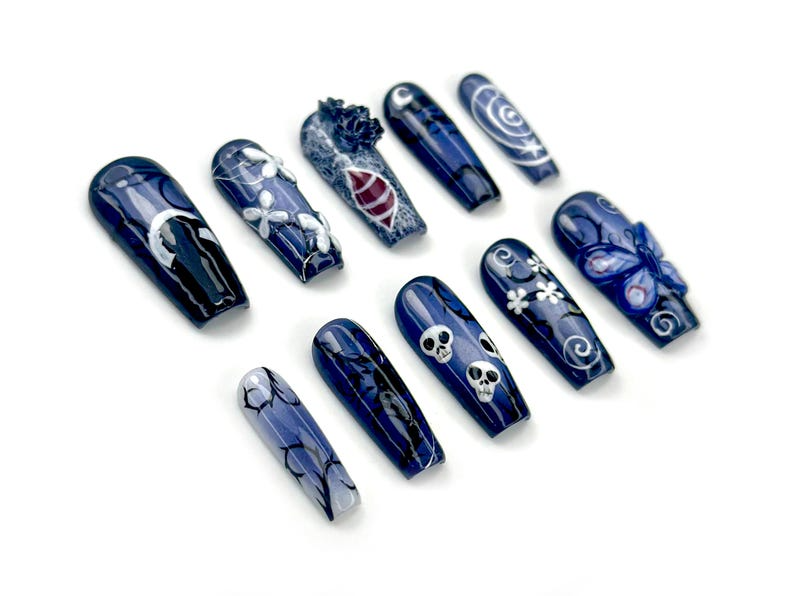 Midnight Gothic Butterfly Press On Nails Dark Blue Fantasy Nail Art 3D Butterfly, Skulls & Floral Accents