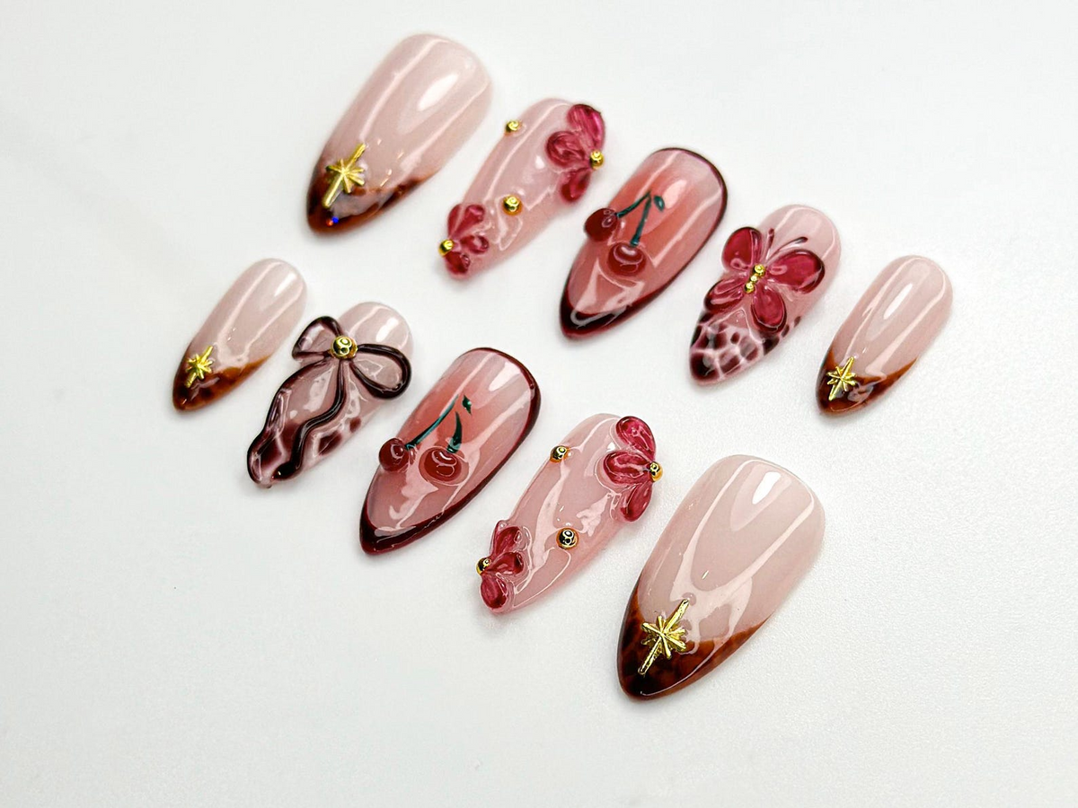 Cherry Blush Bloom Press On Nails 3D Red Floral & Bow Nail Art Sweet Cherry Nails 3D Red Flower Nails Romantic Nail Set OC770HC