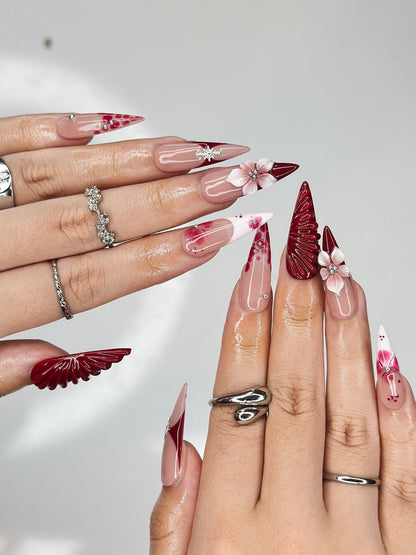 Deep Lily & Crimson Ripple Nails, 3D Floral Dark Red Press Ons, Luxury Moody Romantic
