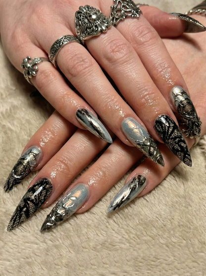 Press On Nails Adhesive Tabs – Black Silver Chrome Abstract Art Long Stiletto Handmade