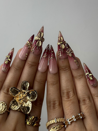 Golden Red Press On Nails Burgundy & Gold Floral Nail Art 3D Metallic Flower Design Luxury Nail Set Long Stiletto Press Ons